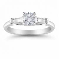 14K White Gold Round and Baguette Diamond 3 Stone Engagement Ring