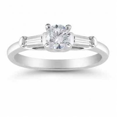 14K White Gold Round and Baguette Diamond 3 Stone Engagement Ring -  - US-ENR481