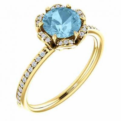 14K Yellow Gold Floral-Inspired Aquamarine and Diamond Ring -  - STLRG-121997AQDY