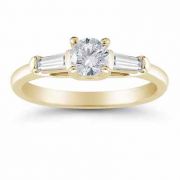 14K Yellow Gold Round and Baguette Diamond 3 Stone Engagement Ring