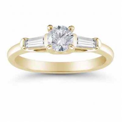 14K Yellow Gold Round and Baguette Diamond 3 Stone Engagement Ring -  - US-ENR481Y