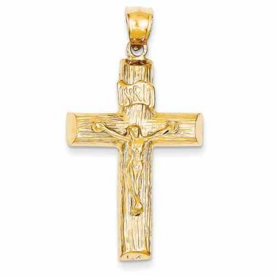 14K Yellow Gold Wooden Cross Crucifix Pendant -  - QGCR-C1361