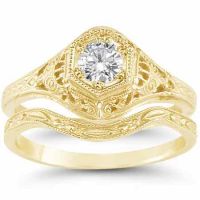1800 Antique-Style 1/3 Carat Diamond Engagement/Wedding Ring Set, Gold