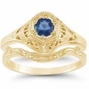 1800s Antique-Style Blue Sapphire Bridal Wedding Ring Set, Yellow Gold