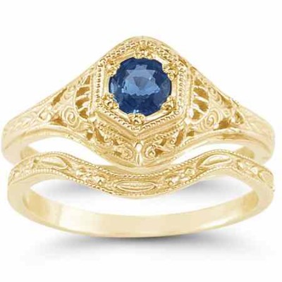 1800s Antique-Style Blue Sapphire Bridal Wedding Ring Set, Yellow Gold -  - HGO-R128SPWB21Y