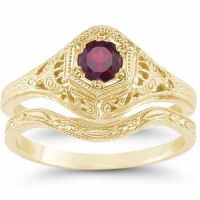 1800s Era Antique-Style Red Ruby Wedding Bridal Ring Set, Yellow Gold
