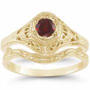 1800s Style Red Garnet Bridal Wedding/Engagement Ring Set Yellow Gold