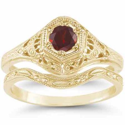 1800s Style Red Garnet Bridal Wedding/Engagement Ring Set Yellow Gold -  - HGO-R128GTWB21Y