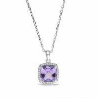 2 Carat Cushion Cut Amethyst and Diamond Halo Necklace Sterling Silver