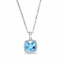 2 Carat Cushion-Cut Blue Topaz/Diamond Halo Stud Necklace Sterling