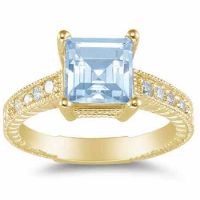 2 Carat Princess-Cut Aquamarine and Diamond Ring, 14K Yellow Gold
