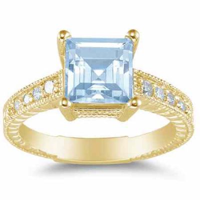 2 Carat Princess-Cut Aquamarine and Diamond Ring, 14K Yellow Gold -  - SK-GMR-2Y