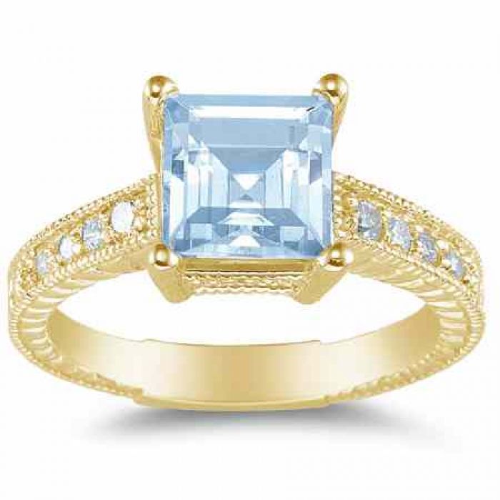 Rings : 2 Carat Princess-Cut Aquamarine and Diamond Ring,