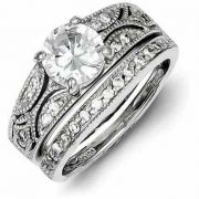 2-Piece Silver Milgrain CZ Engagement Wedding Ring Set