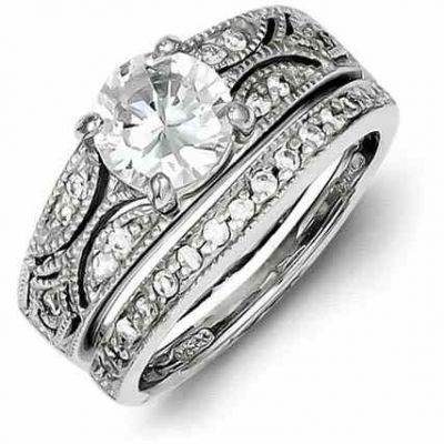 2-Piece Silver Milgrain CZ Engagement Wedding Ring Set -  - QGRG-QR1332
