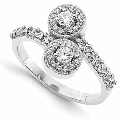 2 Stone Diamond Ring in 14k White Gold Halo Design -  - QGRG-WM2608-2AA