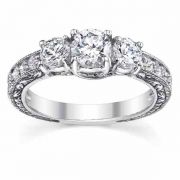1 Carat Antique-Style Three Stone Diamond Engagement Ring, White Gold
