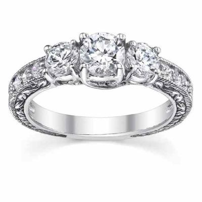 1 Carat Antique-Style Three Stone Diamond Engagement Ring, White Gold -  - QDR-6
