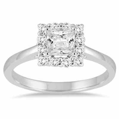 3/4 Carat Princess-Cut Diamond Halo Engagement Ring, 14K White Gold -  - RGF51592
