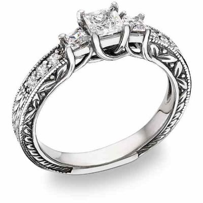 1 1/2 Carat Three-Stone Princess-Cut Diamond Floral Engagement Ring -  - QDR-5