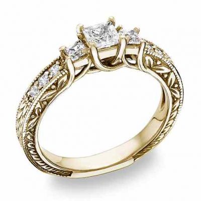 3/4 Carat Three-Stone Princess Diamond Engagement Ring Yellow Gold -  - QDR-3Y