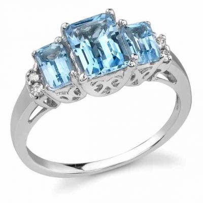 3 Stone Blue Topaz and Diamond Ring, 14K White Gold -  - GBTR-5