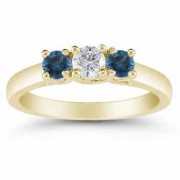 3 Stone Diamond and London Blue Topaz Ring, 14K Gold