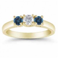 3 Stone Diamond and London Blue Topaz Ring, 14K Gold