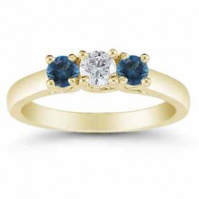 3 Stone Diamond and London Blue Topaz Ring, 14K Gold -  - AOGRG-608DLBTY