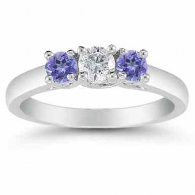 3 Stone Diamond and Tanzanite Ring, 14K White Gold -  - AOGRG-608DTZW