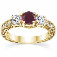 3-Stone Ruby/Diamond Floral-Etched Engagement Ring 14K Yellow Gold