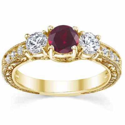 3-Stone Ruby/Diamond Floral-Etched Engagement Ring 14K Yellow Gold -  - QDR-6-DRBY