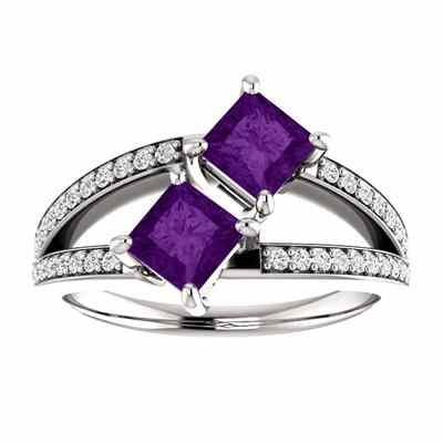 4.5mm Princess Cut Amethyst Two Stone Ring in Sterling Silver -  - STLRG-122934AMCZSS