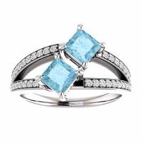 4.5mm Princess Cut Aquamarine and Diamond 2 Stone Ring 14K White Gold