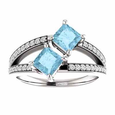 4.5mm Princess Cut Aquamarine and Diamond 2 Stone Ring 14K White Gold -  - STLRG-122934AQDW