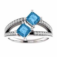4.5mm Princess Cut Blue Topaz and Diamond 2 Stone Ring 14K White Gold