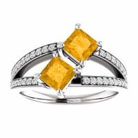 4.5mm Princess Cut Citrine and Diamond Two Stone Ring 14K White Gold
