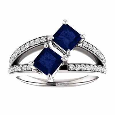 4.5mm Princess Cut Sapphire/Diamond 2 Stone Engagement Ring White Gold -  - STLRG-122934SPDW
