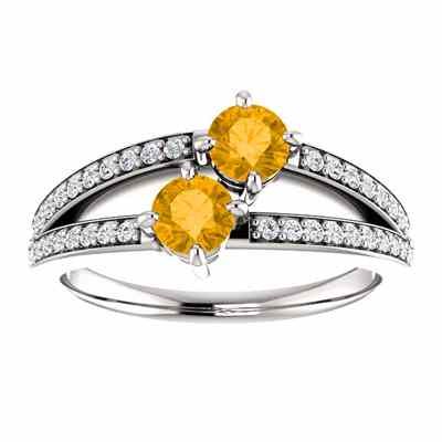 4mm Citrine and Diamond Two Stone Ring in 14K White Gold -  - STLRG-122934RCTDW