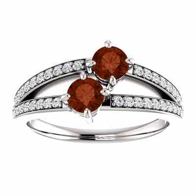 4mm Garnet Two Stone Ring with Diamond Accents in 14K White Gold -  - STLRG-122934RGTDW