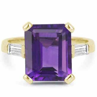 5 Carat Emerald-Cut Amethyst/Baguette Diamond Ring, 14K Yellow Gold -  - AOGRG-AM-1Y