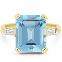 5 Carat Emerald-Cut Blue Topaz/Baguette Diamond Ring 14K Yellow Gold