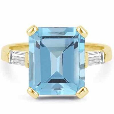 5 Carat Emerald-Cut Blue Topaz/Baguette Diamond Ring 14K Yellow Gold -  - AOGRG-BT-1Y