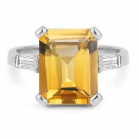 5 Carat Emerald-Cut Citrine and Diamond Ring in 14K White Gold