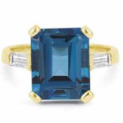 5 Carat Emerald-Cut London Blue Topaz and Diamond Ring 14K Yellow Gold
