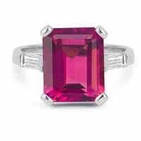 5 Carat Emerald-Cut Pink Topaz Baguette Diamond Ring, 14K White Gold