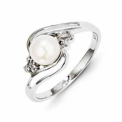 6mm Freshwater Cultured Button Pearl/Diamond Ring, Sterling Silver -  - QGRG-QDX855