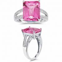 7.00 Carat Emerald Cut Pink Topaz and Diamond Ring