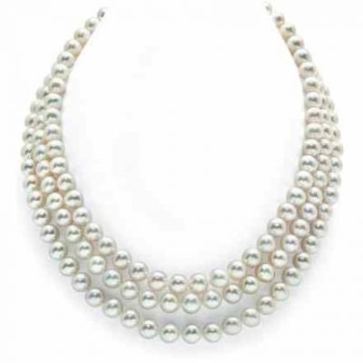 7-8mm Triple Strand White Freshwater Pearl Necklace - AAAA Quality -  - 78-FW-WX3
