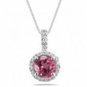 7mm Round Pink Topaz and Diamond Pendant in 14K White Gold